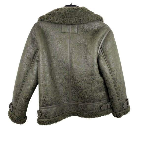 American Eagle Womens Olive Green Oversized Shearling Biker Jacket Size MEDIUM - Picture 2 of 10
